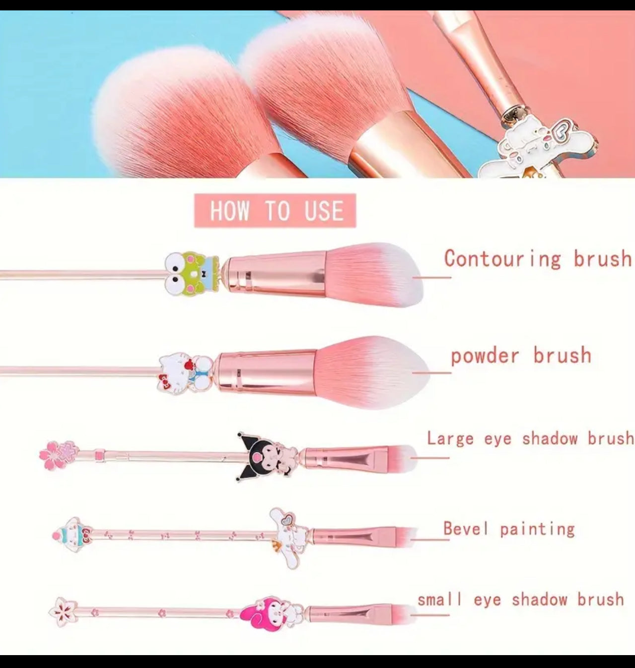 Cute Cartoon Makeup Brush Set - Soft Polyester Bristle, Metal Handle.